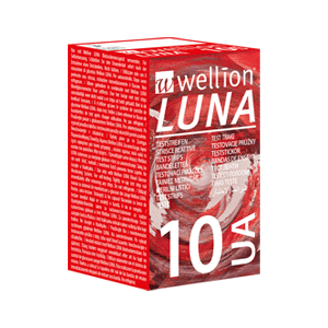 Wellion LUNA Harnsäure Teststreifen. High Tech Produkt. Besteht aus verschiedenen Schichten. AUTO CODING Tgie. Handliche Größe. Sip-in-Technologie verhindert eine Kontamination mit Blut. Für das Wellion LUNA Trio Blutzuckermessgerät. 10 Stück. Foto