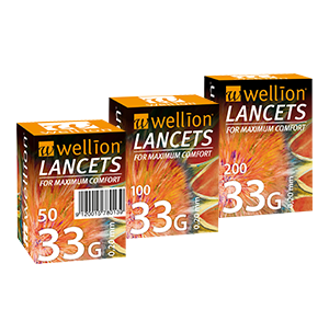 Wellion LANCETS 33G - Lanzetten für die besonders schonende Blutgewinnung. Schutzkappe und perfekter Schliff für möglichst schmerzarme Blutentnahme. Besonders dünn und sehr gut für Kinder und Menschen mit empfindlicher Haut geeignet. 50, 100 und 200 Stück. Foto