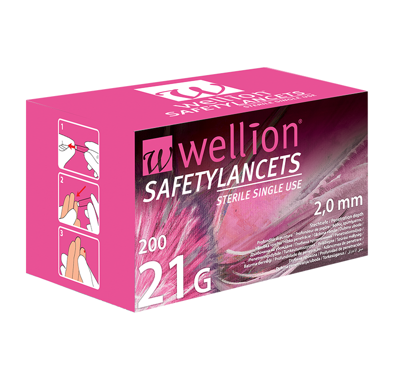 Wellion Safetylancets 21G - Ideal bei Sehproblemen, verminderter Feinmotorik und für ältere Menschen. Schnelle und einfache Handhabung. Sanft und sicher. Minimierte Schmerzen durch ultra-scharfe Nadel. Perfekt für medizinisches Fachpersonal, Krankenhäuser und Pflegeheime. Steril und Vermeidung von Stichverletzungen. Foto